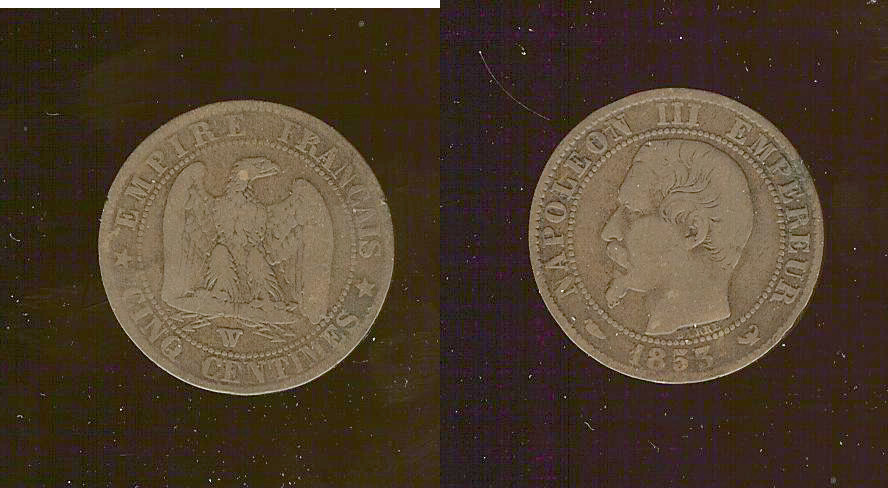 Cinq centimes Napoléon III, tête nue 1853 Lille TB